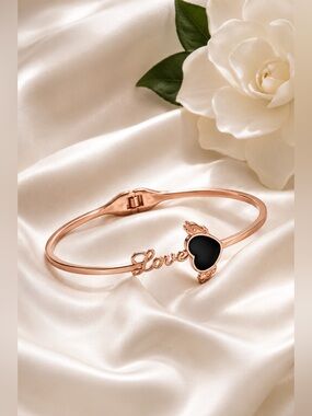 Rose Gold Tone Love Heart Adjustable Bangle Bracelet Black Heart Minimalist